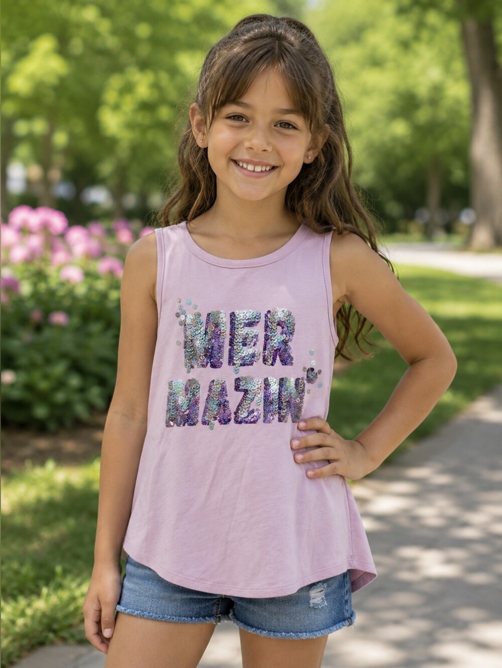 Wonder Nation Girls Size 7/8 lavendar Mermazin Sequin Tank Sleeveless Mermaid